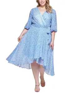 DKNY Women's Plus Size Blue Faux-Wrap Chiffon Dress
