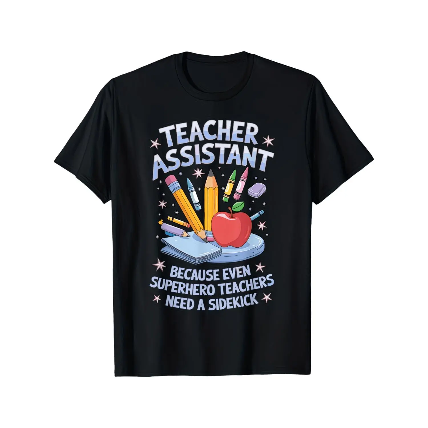 Humorous Teacher Assistant Superhero T-Shirt - Perfect Gift for Educators, Casual Black Tee Featuring School Supplies And Classroom Icons, Machine Washable, Unisex Fit for Men And Women, 2026 Round Neck Regular Fit Couple Tees