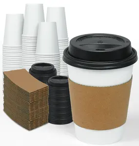Ginkgo [100 Pack 12 oz Disposable Thickened Paper Coffee Cups with Lids and Sleeves, To Go Hot Coffee Cups for Home, Office, Wedding and Cafes Party