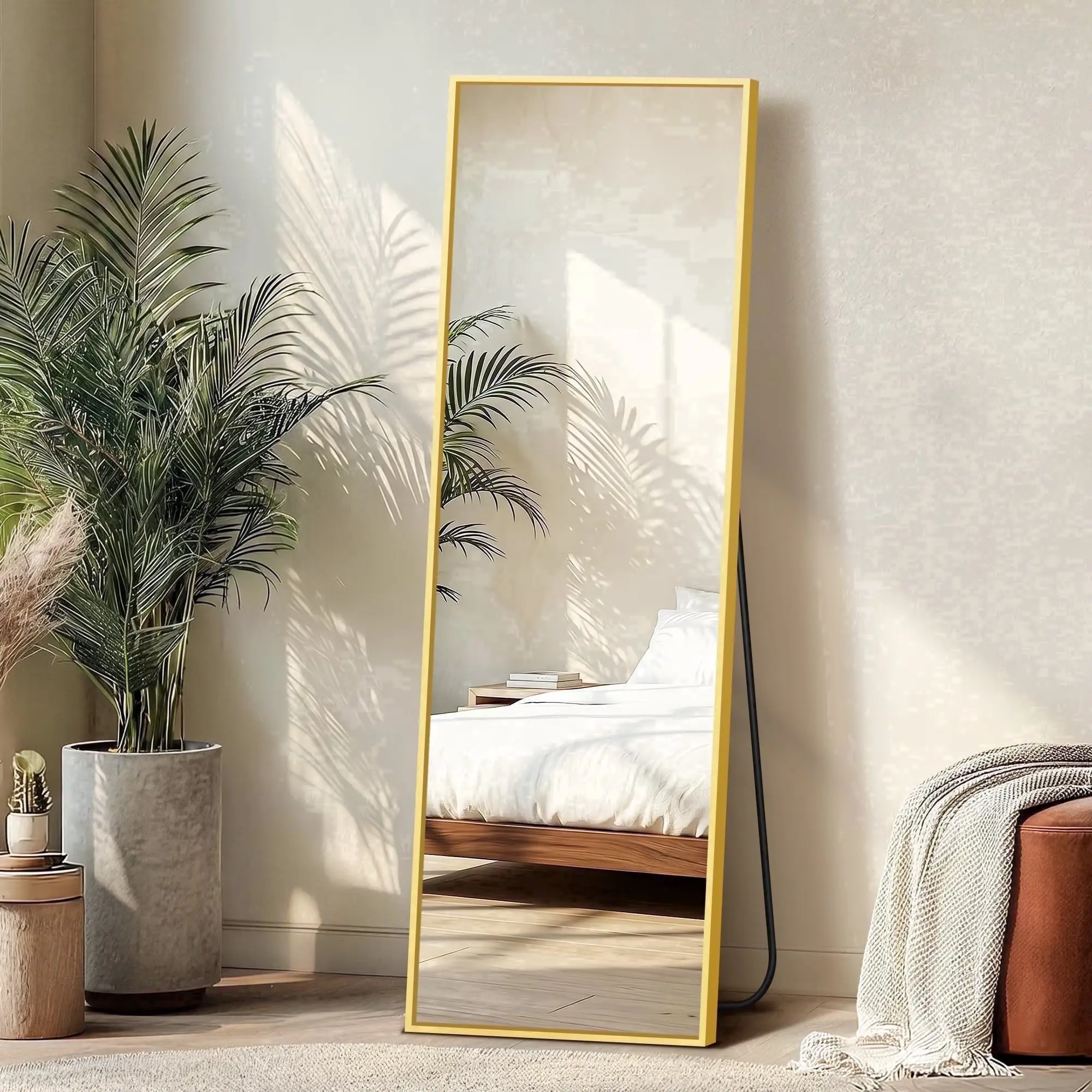 56" x 15" Full Length Mirror with Stand, Aluminum Alloy Frame Full Body Floor Mirror, HD Shatterproof Standing Hanging Leaning Bedroom Dressing Mirror