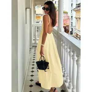 Women's Summer Vacation Solid Color Backless Spaghetti Strap Dress Beach Long Dresses