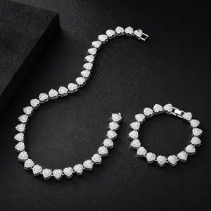 Rhinestone Heart Cuban Link Necklace and Bracelet Set, 10mm Iced Out Hip Hop Jewelry Set for Men Women, Sparkly Statement Chain Accessories for Party Outfit