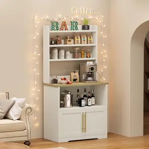 Garvee Bakers Rack With Storage Cabinet, Microwave Stand With Power Outlets, Farmhouse Bakers Rack With Thick Table Top, Thickened Counter, Coffee Bar Storage Shelves, Small Kitchen Bakers Rack