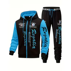 Men's hooded letter printed sportswear set, 2-piece casual sportswear set, fashionable hooded sweatshirt with full zipper and elastic waist pants, regular style, outdoor wear
