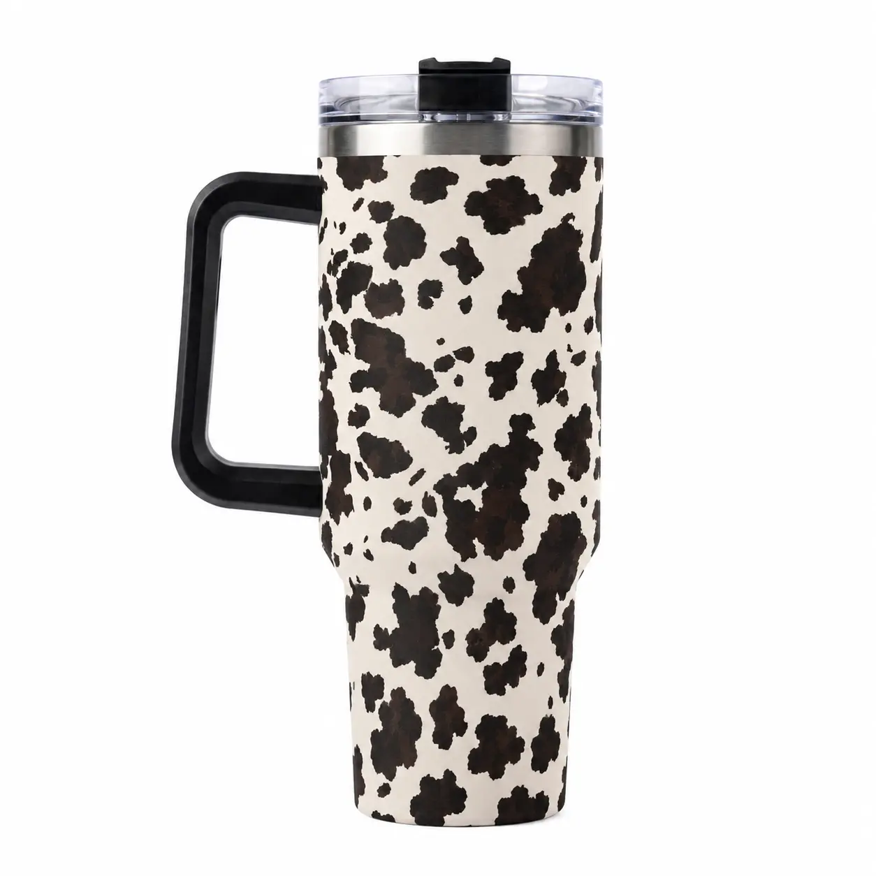 40oz Cow Print Stainless Steel Thermal Flask - Portable, Reusable Insulated Travel Mug with Handle, Lid, Straw, 24H Cold/12H Hot Retention, Western Cowhide Coffee Cup, Cute Gift for Women