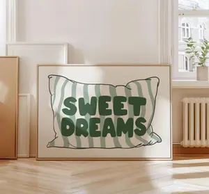Green Sweet Dreams Poster Above Bed Horizontal Art, Retro Bedroom Printable Art Trendy Wall Art, Green Bedroom Art Striped Pillow Poster