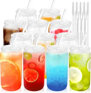 Joyclub 12pcs Glass Cups with Acrylic Lids and Straws 16 oz Can Shaped Glass Iced Coffee Cups with Lids and Straws, Cute Tumbler Cup Drinking Glasses for Smoothie Whiskey Boba Soda Tea Gift