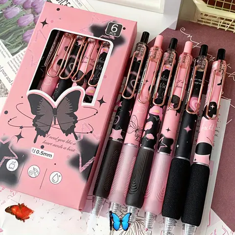 Butterfly & Rose Flower Design Retractable Gel Ink, 6 Counts/set Pen Pack 0.5mm Fine Point Black Ink Writing Pen, Cute Writing Pen, Aesthetic Pens for School, Office, and Home Use, Office Stationery Supplies