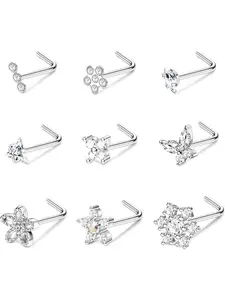 Cute 9 Pcs Silvery Tiny 20G Nose Rings 316L Surgical Steel Studs with Big Bling CZ Snowflake Star Top L-Shaped Nose Studs Triple Linear Gem Ball Round CZ Nose Piercing Jewelry Set