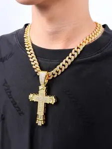 Hiphop Full Diamond Cross Pendant Necklace, Alloy Chain, Street Style Artisan Jewelry, Casual Party Accessory, Holiday Gift Choice, Sparkling Zircon, Cross Charm Necklace, Statement Religious Necklace