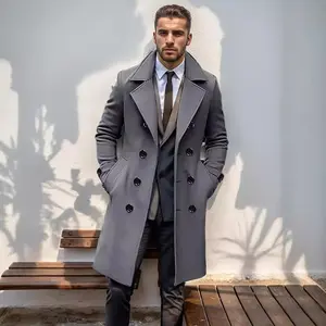 Men's wool coat - A double-breasted long fitted coat with inner pockets, suitable for men to wear in autumn and winter. The fabric is polyester (polyester fiber).(Sheet)