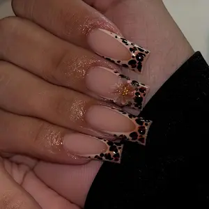 24pcs French Leopard Print & Floral Rhinestone Long Cascade Nail Tips, Includes False Nails Accessories, Suitable for All Women