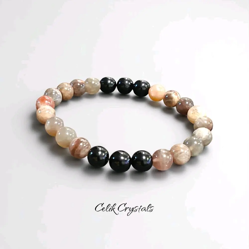 Black Skeletal Moonstone & Black Tourmaline Bracelet Natural High Quality Stones 8mm Stretches Unisex
