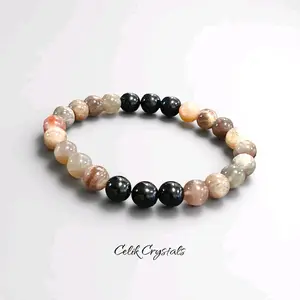 Black Skeletal Moonstone & Black Tourmaline Bracelet Natural High Quality Stones 8mm Stretches Unisex