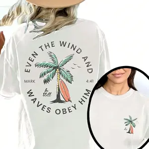 Christian Bible Verse Pattern T Shirt, Beachy Backprint Tops, Trendy Coconut Tree Shirt Unisex Tee Teen Baptism Gift Ocean Inspired Style Womenswear Printed