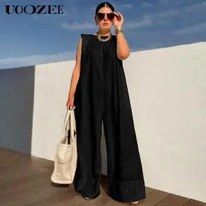 UOOZEE Women's Plain Solid Black Sleeveless Strap Overalls - Basic Linen Cotton Blend, Button-Detailed, Loose-Fit Wide Leg Jumpsuit, Minimalist Casual Women's Clothes for Spring