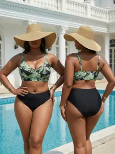 Women's Plus Size Print Bikini Set, Plants Print Swimsuit, Casual Swimsuit, Comfortable Fashion Daily Wear, Stylish Beachwear for Women