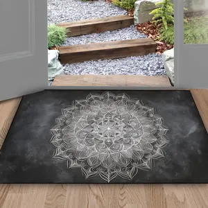 Black Silver Mandala Doormat Bohemian Sacred Geometry Print Floor Mat Washable Indoor Outdoor Rug for Home Porch Decor