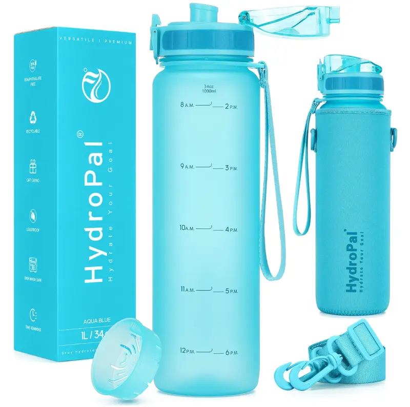 HydroPal 1L Sports Water Bottle, Slim Plastic Bottle with No-Sweat Sleeve & Fruit/Tea Strainer - Leak-proof, BPA-free, Ideal for Gym,Workouts & Travel