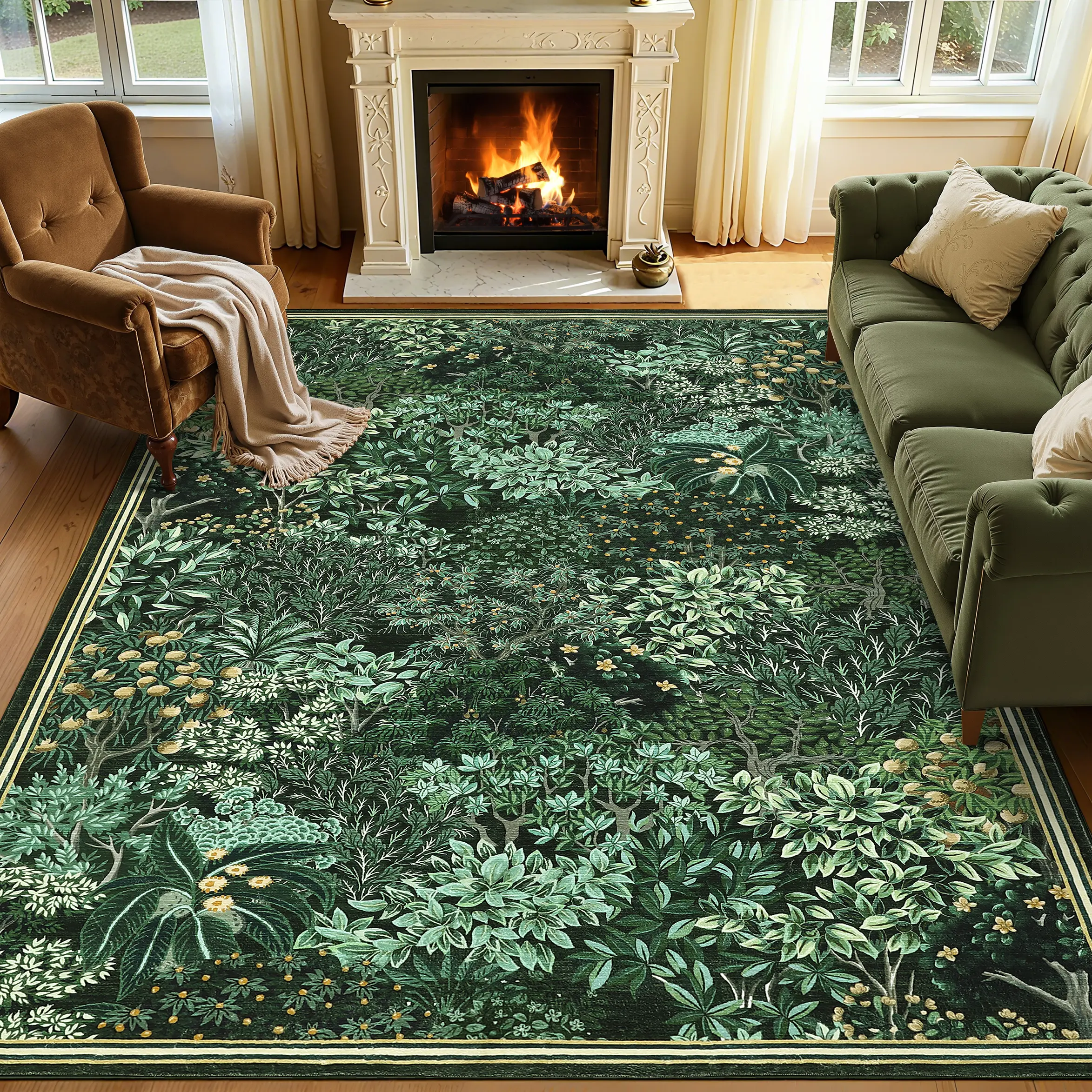 Vintage Forest Print Rug Washable Ultra-Thin Foldable Interior Decor Rug Large Size Bedroom Bedside Rug for Dining Rooms Farmhouses Offices and Playrooms carpet