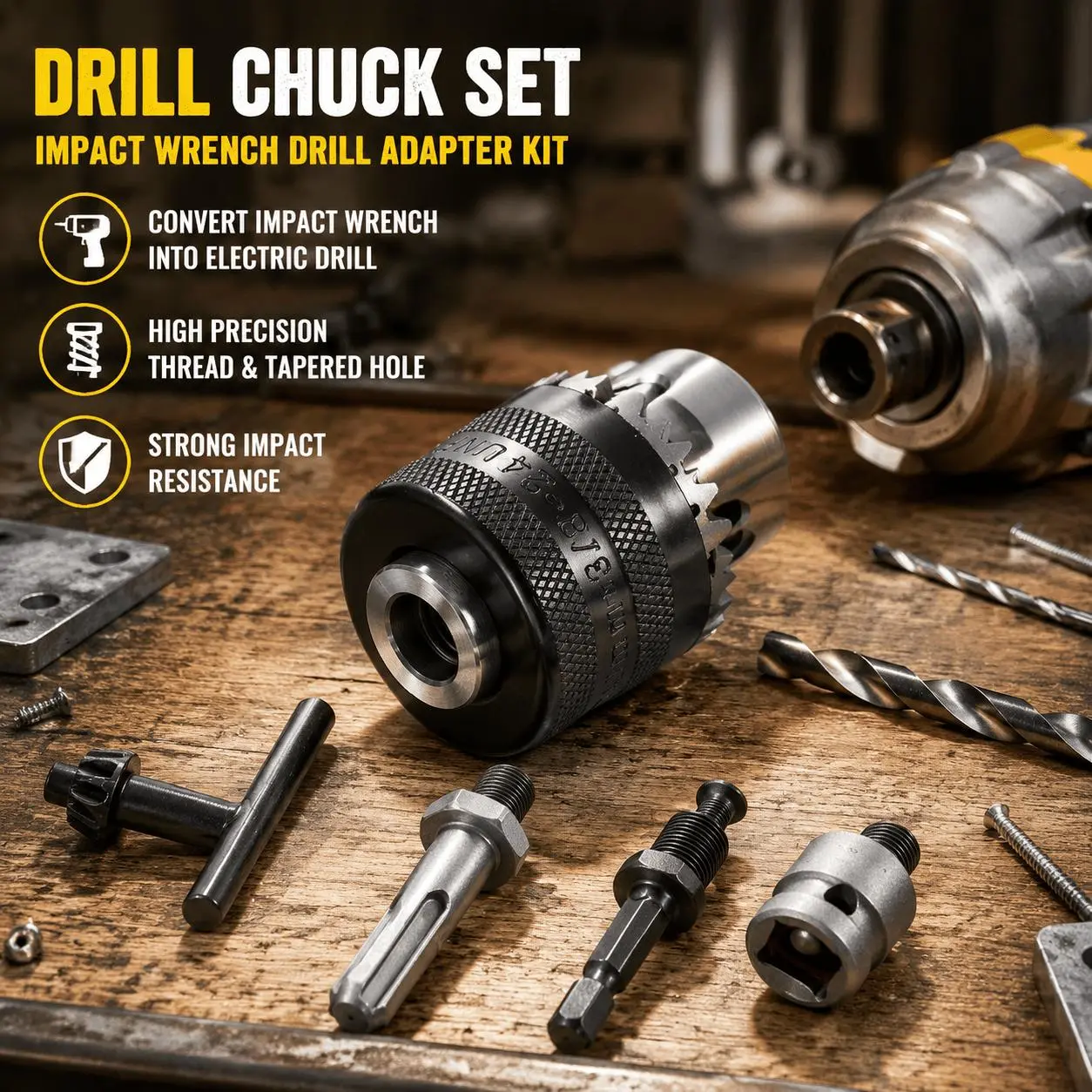 Drill Chuck Adapter Set, 5PCS Impact Wrench to Electric Drill Converter, 1.5-10mm Clamping Range with 3/8-24UNF Thread, High Precision Tool Adapter for Woodworking, Drilling Machines and DIY Projects bit