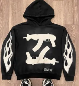 Men's casual street trendy patch hoodie sweatshirt with gun-style hood and pullover top