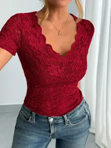 Women's Lace V-Neck Short Sleeve Fitted Top, Sexy Plain Color Design, Perfect for Spring & Summer Wear, Ideal for Casual