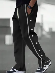 Men's Fall Winter Street Style Casual Sportswear Pants, Button Design Side Stripe Drawstring Loose Fit Warm Fashion for Men Casual Street Sweatpants
