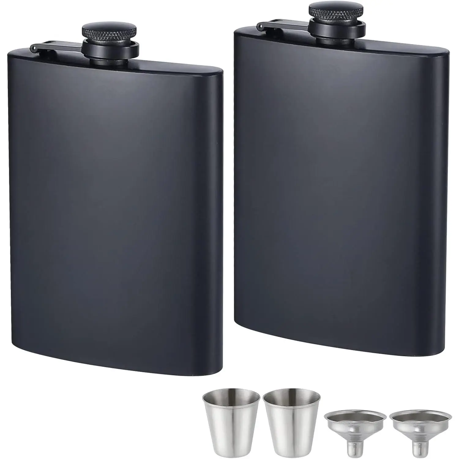 ROMORC 2 Pack  Flasks for  Matte Black 8 Oz Stainless Steel Leak-proof Thin Flasks with 2 count Funnels and Cups for Wedding Party, Groomsman, Bridesmaid,
