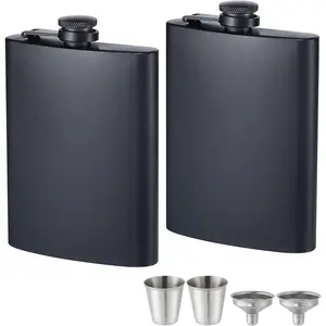ROMORC 2 Pack  Flasks for  Matte Black 8 Oz Stainless Steel Leak-proof Thin Flasks with 2 count Funnels and Cups for Wedding Party, Groomsman, Bridesmaid,
