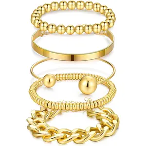 Gold Bracelets Stack for Women Trendy, 5 Pcs Chunky Adjust Chain Beaded Cuff Bangles Bracelet Pack, Stackable Women's Gold Bracelets Set