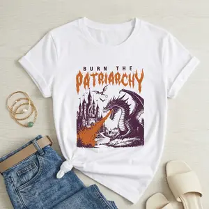 Burn The Patriarchy Dragon Graphic Tee Women Loose Fit Crewneck T Shirt Soft Comfy Casual Streetwear Outfit Top For Everyday Coffee Run Festival Summer