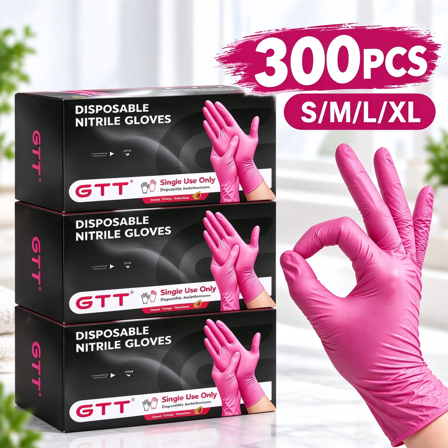 Disposable Nitrile Gloves, Black & Rose Red, 5.5Mil,200/300/500Pcs Bulk Box, Powder-Free & Latex-Free, Touchscreen Compatible, Textured Fingertips, Waterproof Oil-Resistant Heavy Duty Gloves for Salon, Kitchen, Cleaning, Auto Repair