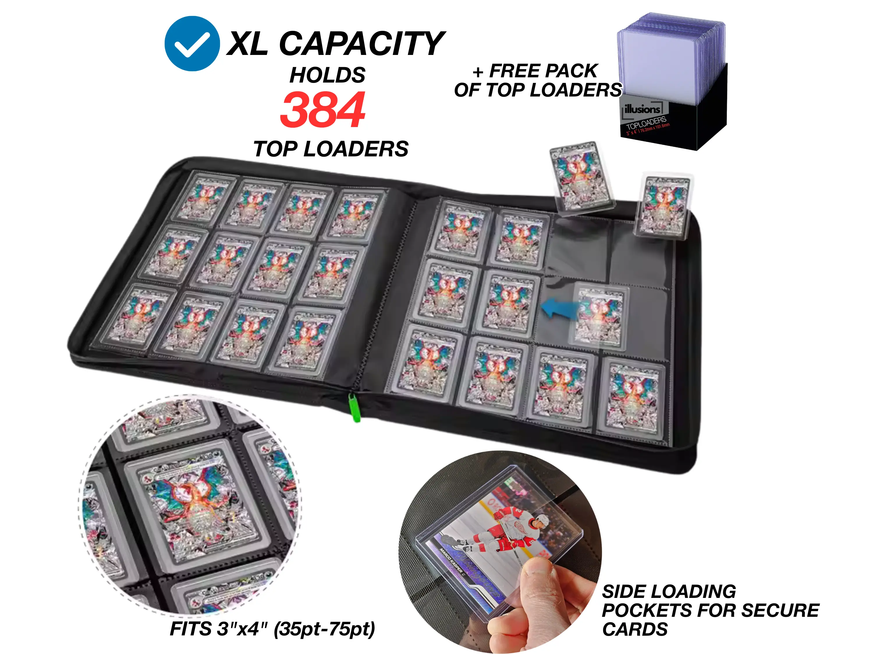 12 Pocket Trading Card Binder for Toploaders – Holds 384 Cards – PU Leather Zipper Binder – Side Loading – Pokémon, MTG, Sports Cards
