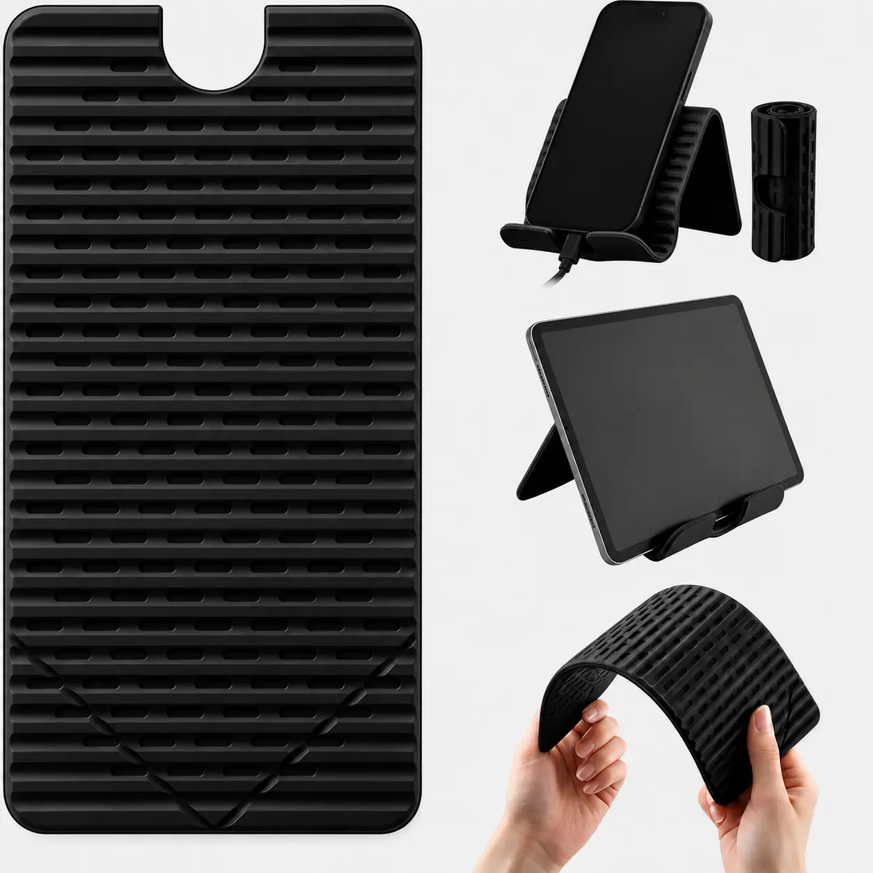 Flexible Silicone Suction-Cup Smartphone Mount, Adjustable Phone/Tablet Holder with Charging Port - Foldable Accessory for Landscape Use, Hands-Free Essential for Kitchen, Makeup Application