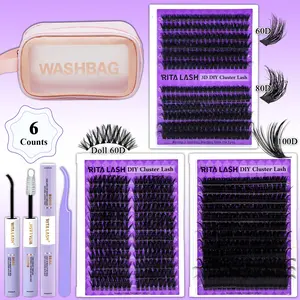 RITALASH 240PCS D Curl  3D 60D+80D 100D Doll Style 60D Mix Length Individual False Clusteres Kit Comfortable False Eyelashes Kit With Lash Bond&Seal Tweezers At Home For Daily Life&Dates And Party
