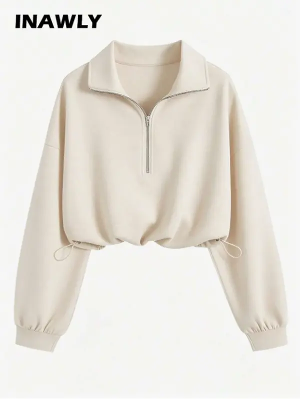 Women's Casual Solid Color Vintage American Style Half Zip Drawstring Hem Sweatshirt, Autumn