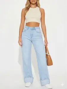 Trendy Cuffed Straight Leg Jeans Light Wash - High Waisted 90s Vintage Style Denim Pants