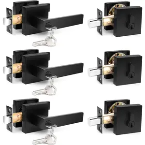 Flat Black Square Entry Levers Locksets and Single Cylinder Deadbolts Combination Set, Heavy Duty Front Door Office Entrance Levers, 3 Pack Keyed Alike( Same )