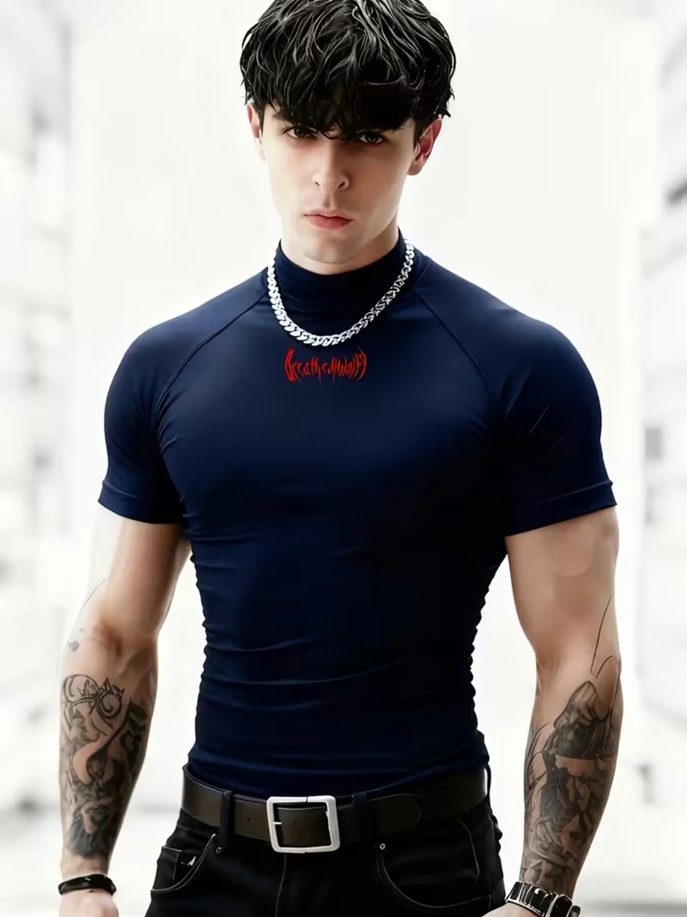 Men's Gym Short Sleeve Muscle Fit Tight Tee Elastic Letter Print Quick-Dry Top Trendy Sportswear Gym Workout Tee
