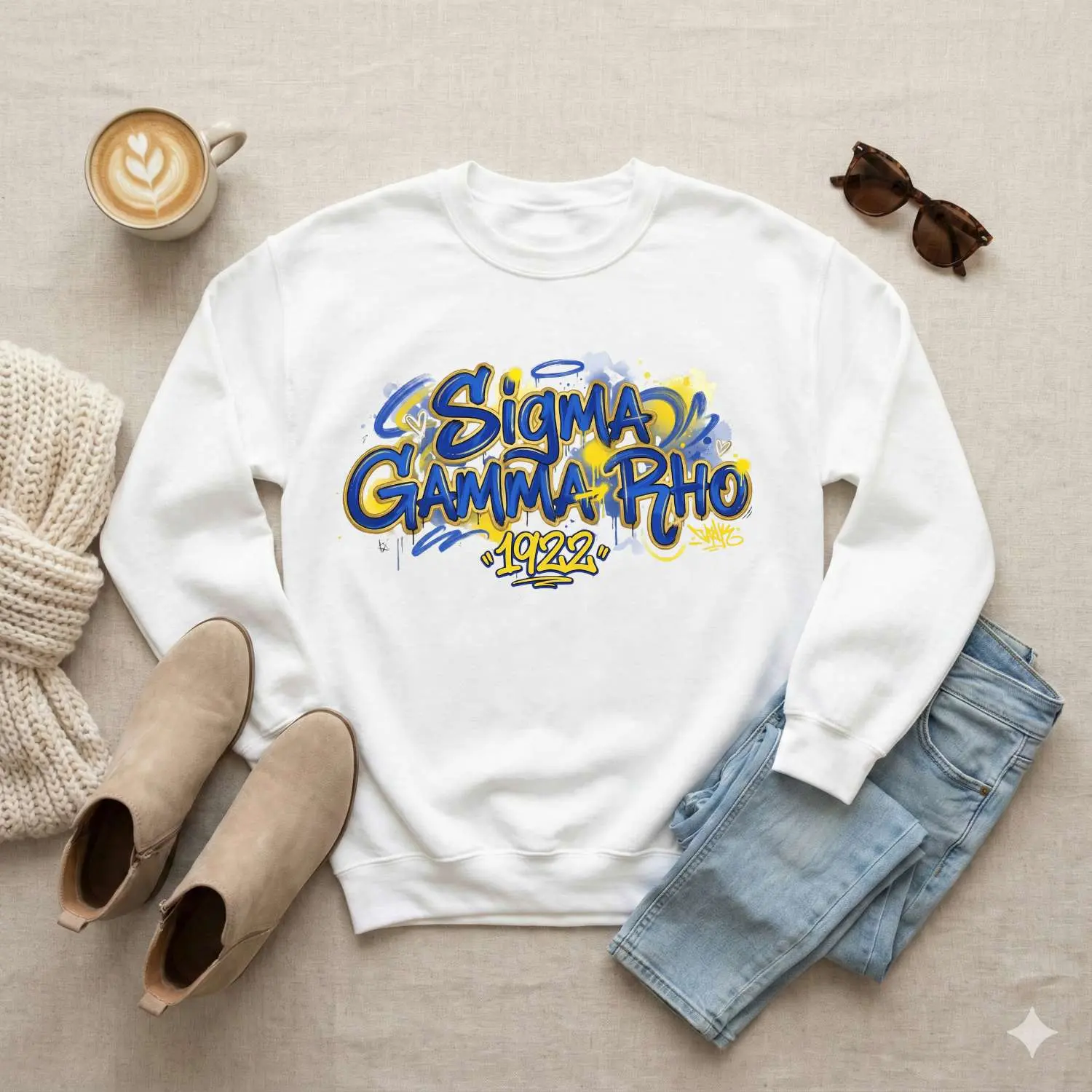Sigma Gamma Rho Inspired 1922 Graffiti Crewneck Sweatshirt – Royal Blue & Gold Sorority Inspired Apparel – Unisex Fit Pullover