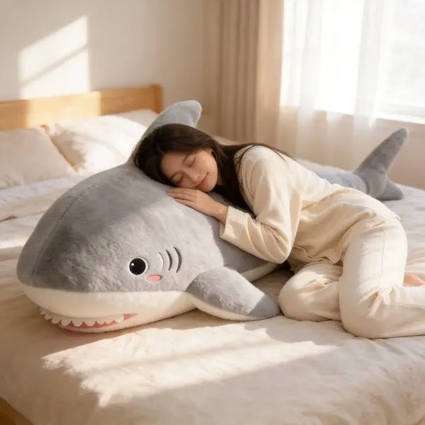Influencer–style shark hugging pillow; soft, cute shark plush toy with realistic soft fur; great white shark plush doll; bedroom sofa decor; companion sleep pillow