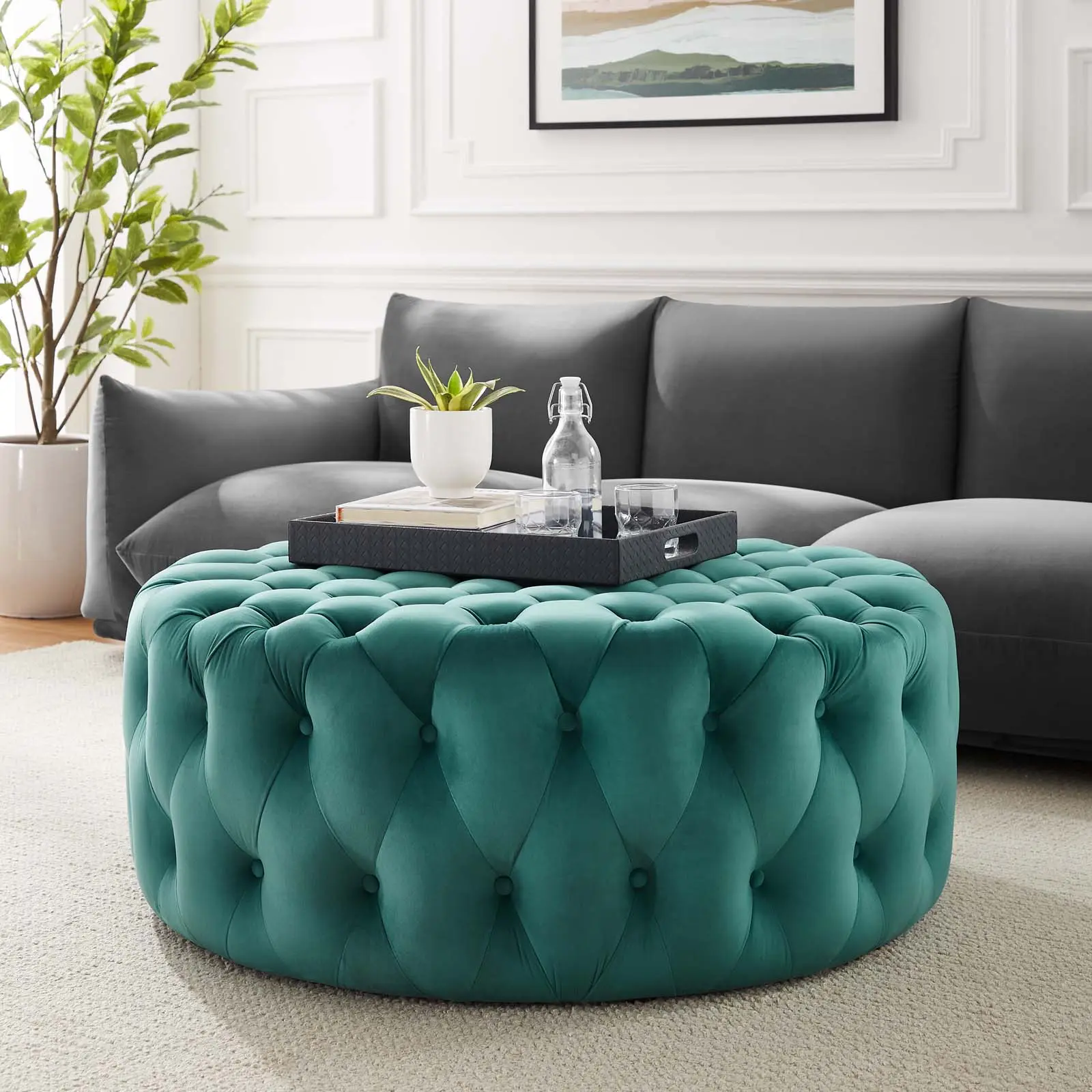 Modway Amour Tufted Button Large Round Performance Velvet Ottoman, Teal, Indoor Living Room Decor Stool & Bench