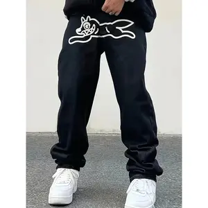 GGOR Men's Trendy Hip Hop Jeans with Flying Dog Print - Loose Straight Leg Cotton Blend Pants, Black Casual Streetwear for All Seasons