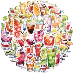 Cocktail Pattern Sticker, 50pcs Waterproof Self Adhesive Decor Paper, Decor Sticker for Gift Greeting Card Water Bottle Laptop Phone, Ornaments