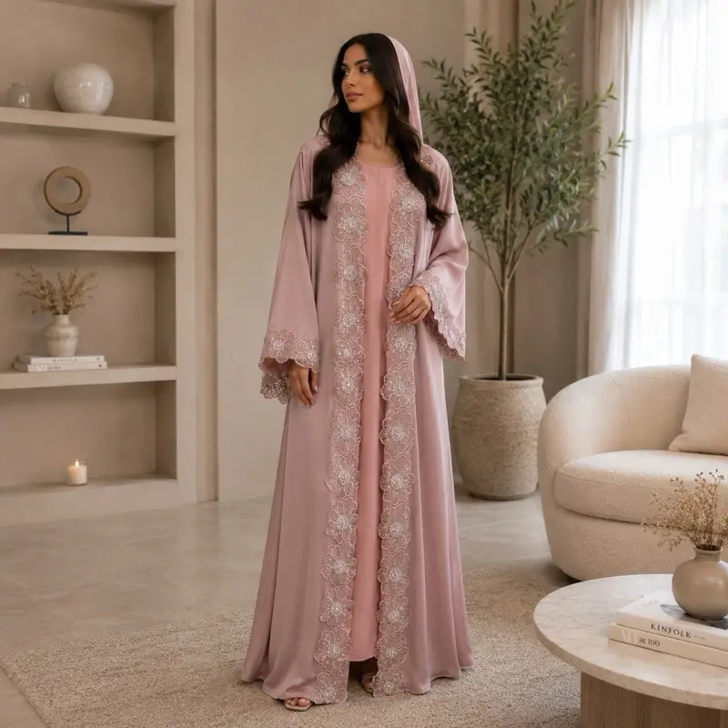Luxury Floral Pearl Open Abaya Set Luxury Floral Pearl Open Abaya Set
