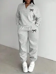Women's Casual Sportswear Set, Cute Bow Pattern, Comfortable Half-Zip Sweatshirt & Sports Pants, Fall & Winter Perfect Choice, Sweatsuit Set Outfit