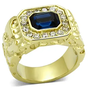 Lanyjewelry 14K Gold Ion Plated 316 Stainless Steel Simulated Sapphire Men's Ring with 8x6mm Emerald Cut CZ Hypoallergenic and Rust Resistant