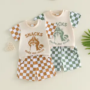 Babamoon 2Pcs Kids Baby Boy Summer Outfits Set Short Sleeve Animal Print T-Shirt + Ckeckered Shorts Set Toddler Clothes 0-3 Years