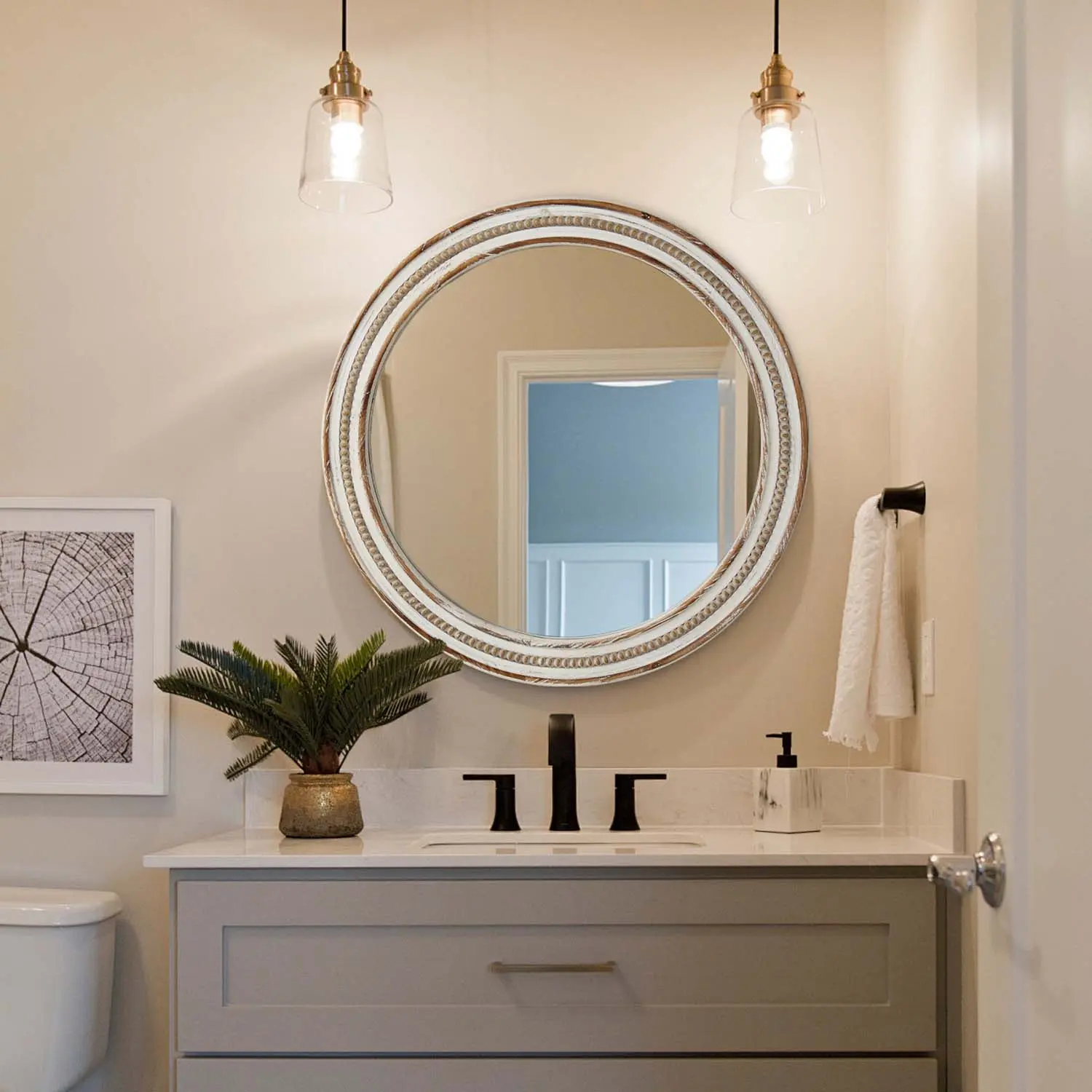 Round Wall Mirror 31.5 Inch, Rustic Beaded Wood Frame, MDF and Glass, Antique Natural Finish, Decorative Circle Mirror for Bedroom, Bathroom, Living Room, Entryway, Home Office Wall Decor